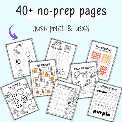 Collection of educational worksheets for children with various activities on a light blue background.