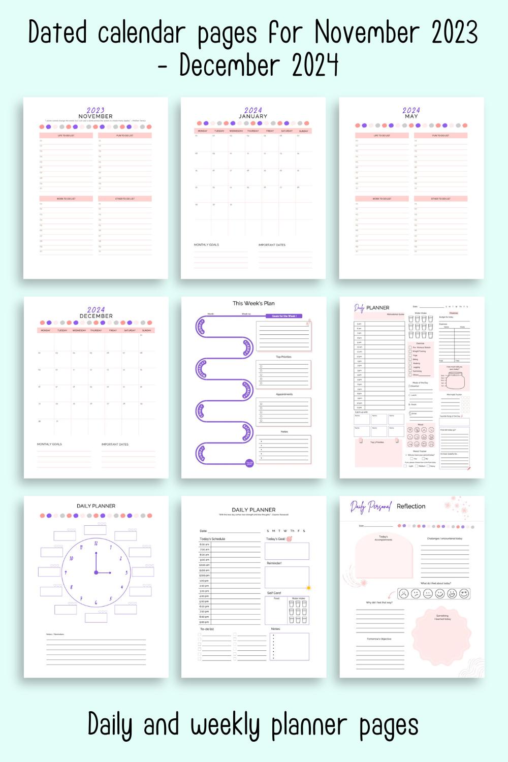 Text "Dated calendar pages for November 2023- December 2024" and "daily and weekly planner pages" with a preview of nine printable planner pages