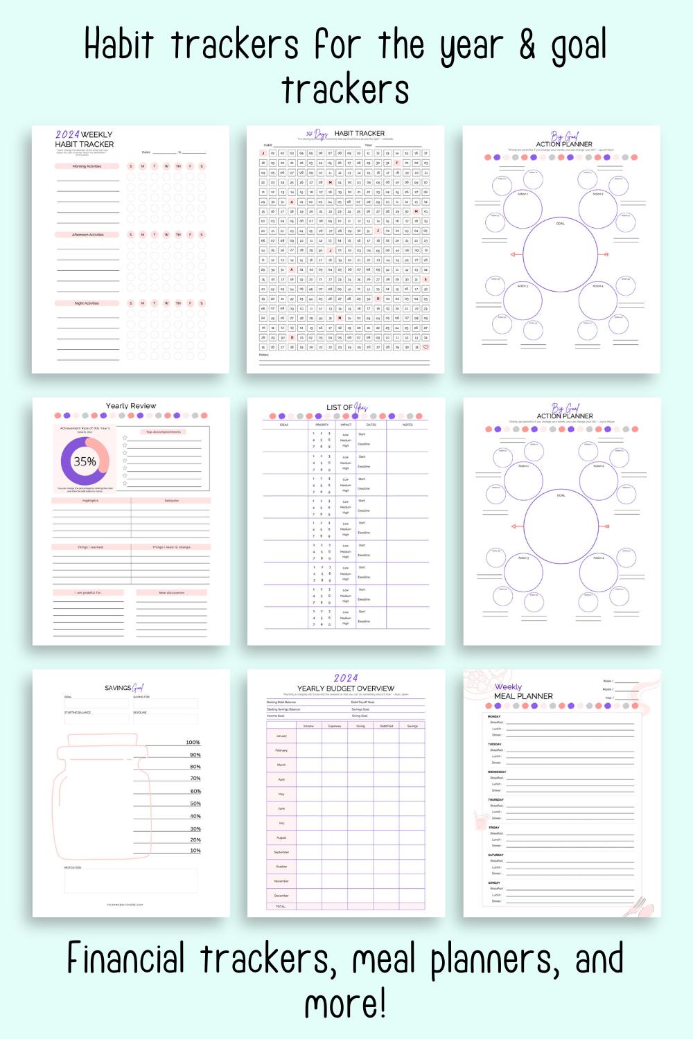 Text "Habit trackers for the year & goal trackers" and financial trackers, meal planners, and more!" with a  preview of nine sheets from a printable planner