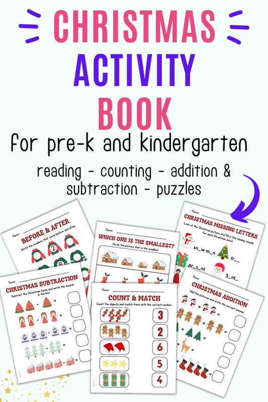 text "christmas activity book for pre-k and kindergarten: reading, counting, addition & subtraction, puzzles'