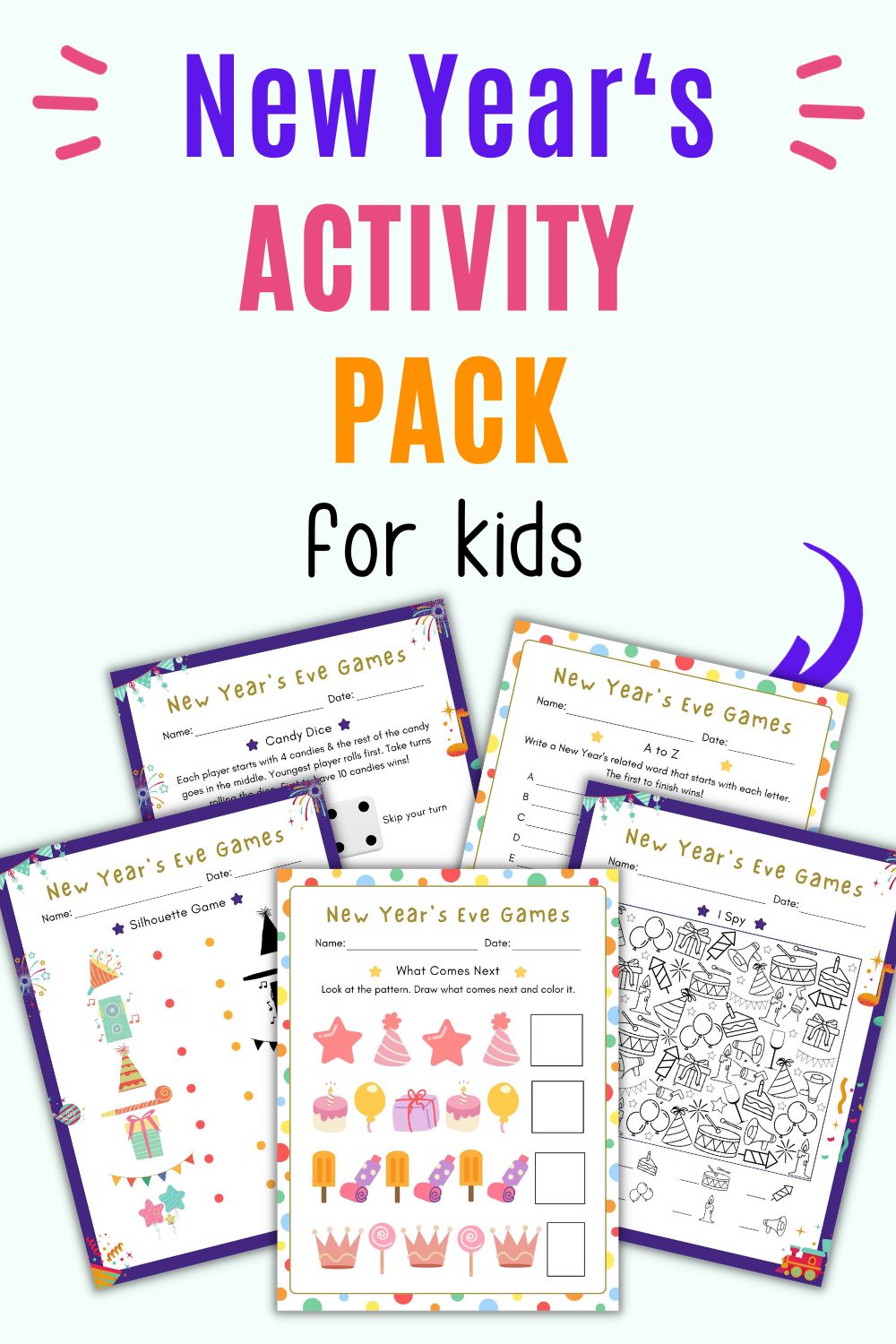Text "New Year's activity pack for kids" with a preview of five pages of games