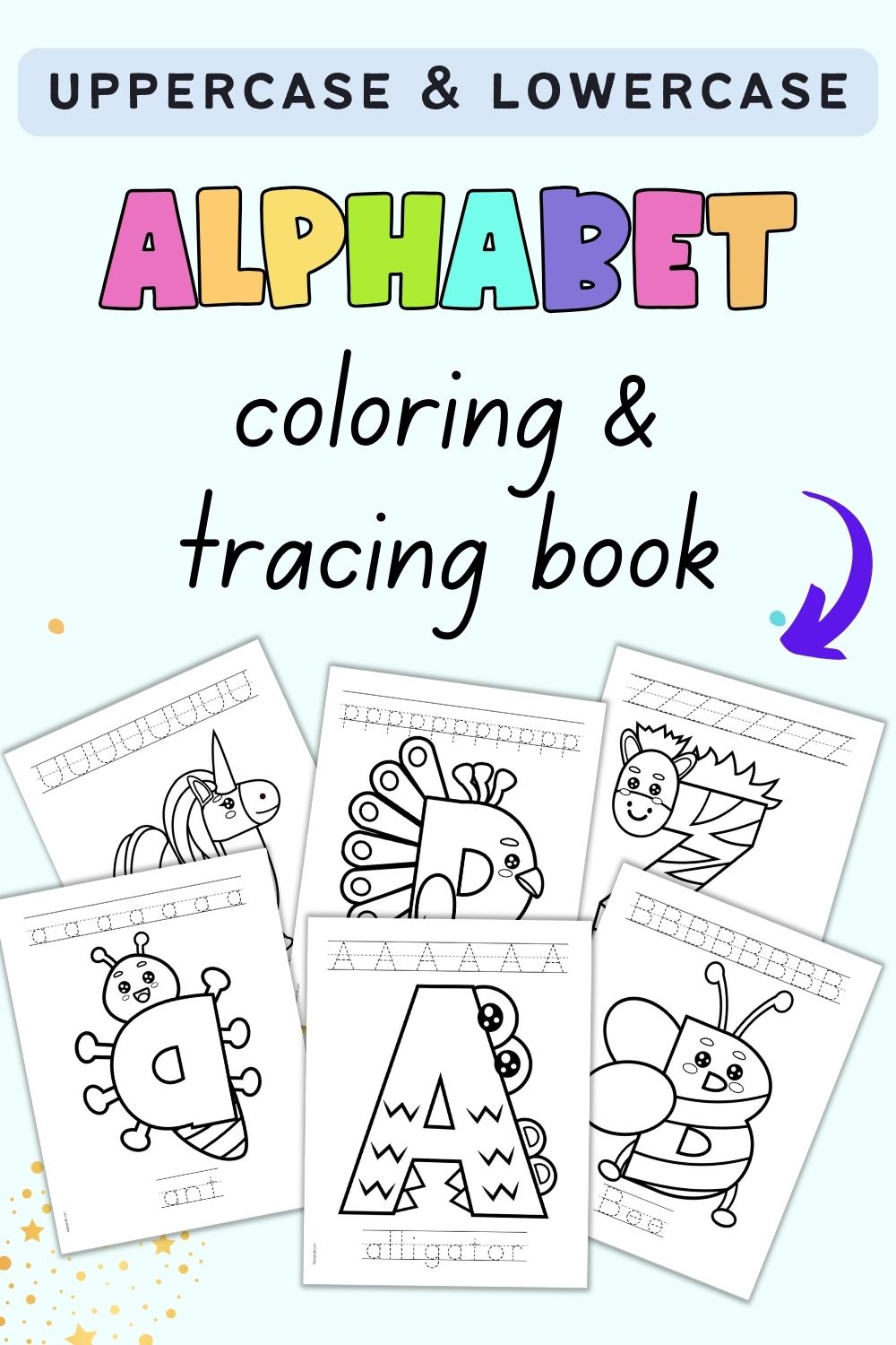 Text "uppercase and lowercase alphabet coloring and tracing book" with a preview of six alphabet tracing pages