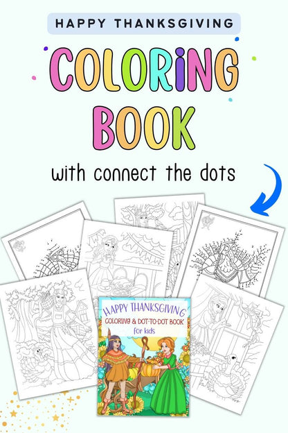 Text "happy thanksgiving coloring book with connect the dots"