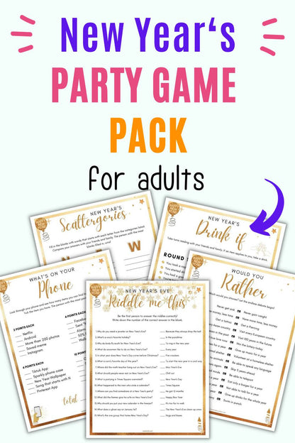 Text "New Year's Party Game Pack for Adults" with a preview of five pages of printable party game