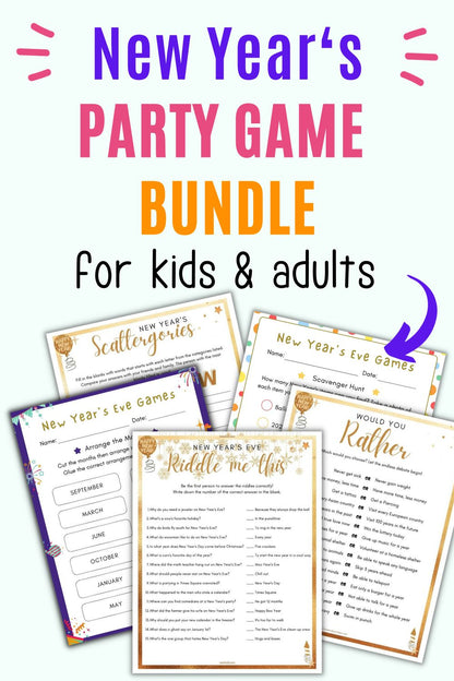 Text "new year's party game bundle for kids and adults" with a preview of five printable party game pages