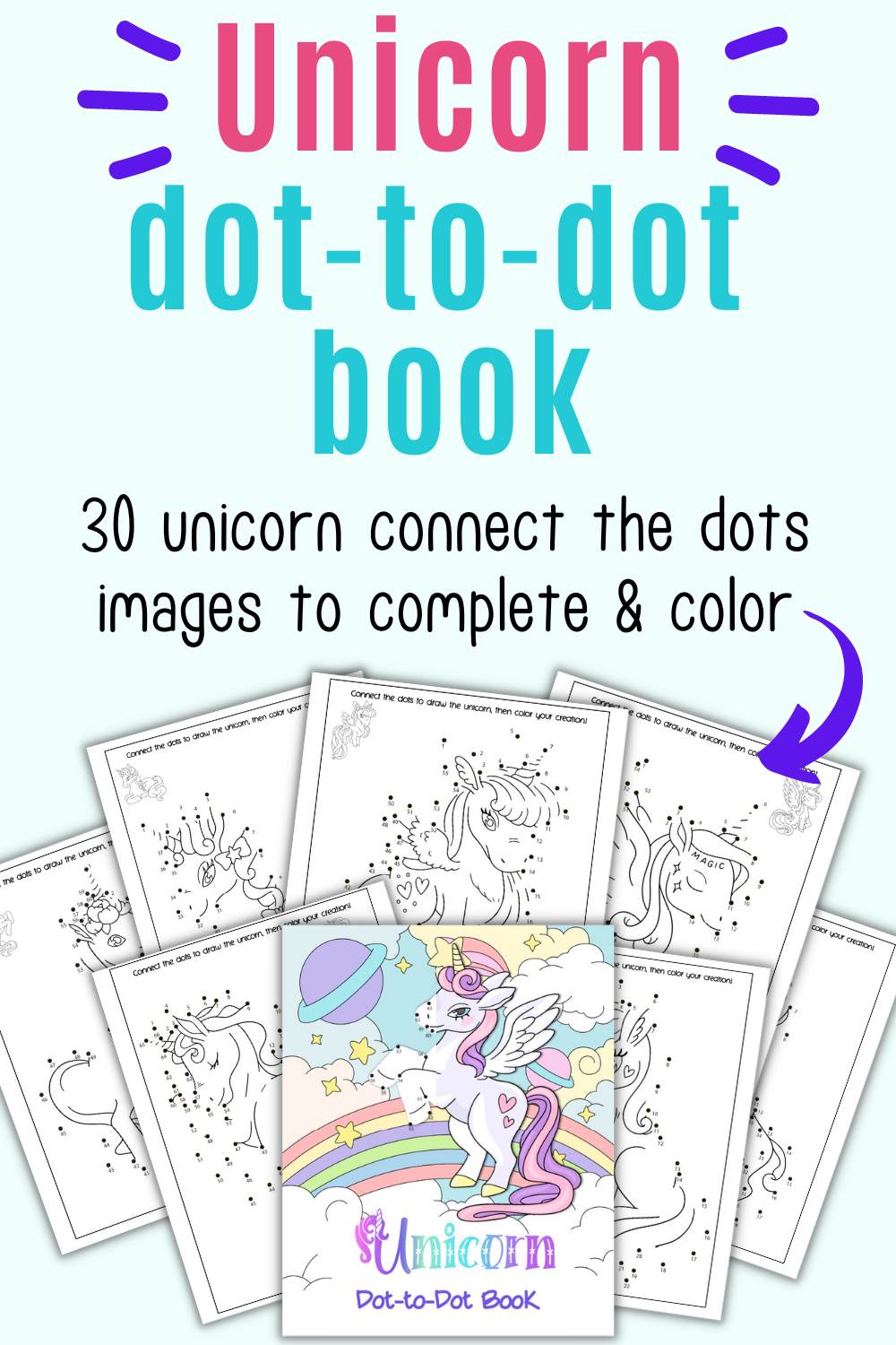 mockup of a unicorn dot to dot coloring book