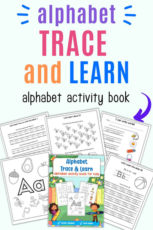 Text "alphabet trace and learn alphabet activity book" with a  preview of the front cover of and five pages from an alphabet workbook 