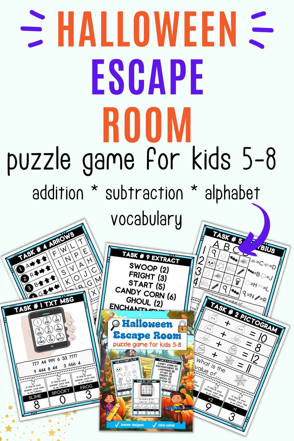 Text "Halloween escape room puzzle game for kids 5-8" witha preview of six pages of the escape room game