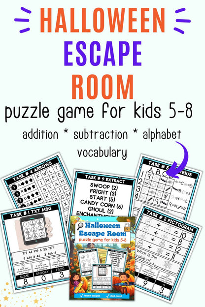 Text "Halloween escape room puzzle game for kids 5-8" witha preview of six pages of the escape room game