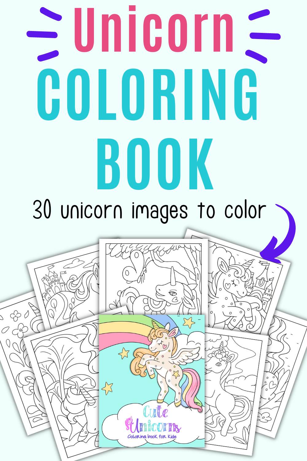 Mockup of a unicorn coloring book with 30 pages to color