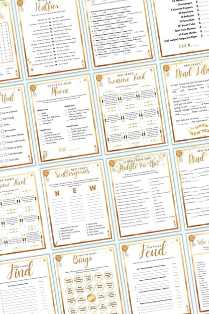 16 pages of New Year's party game printables for adults