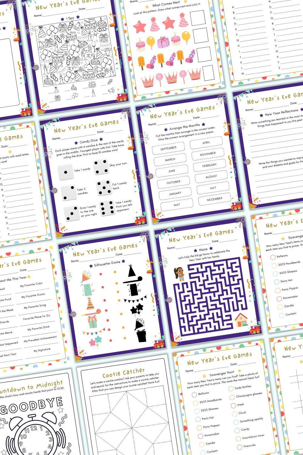 16 pages of kid's activity printables for New Years