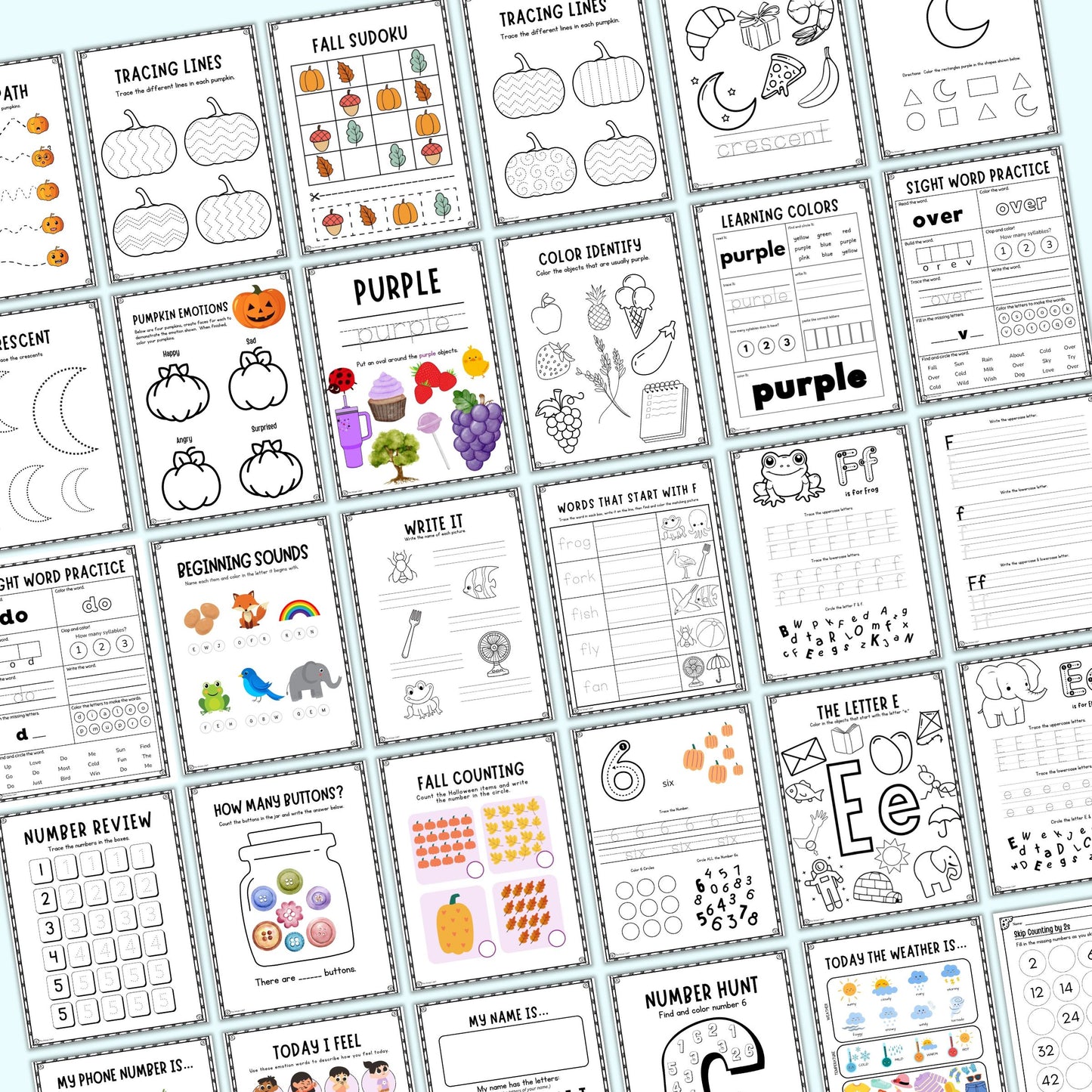 Collection of educational worksheets on a white background