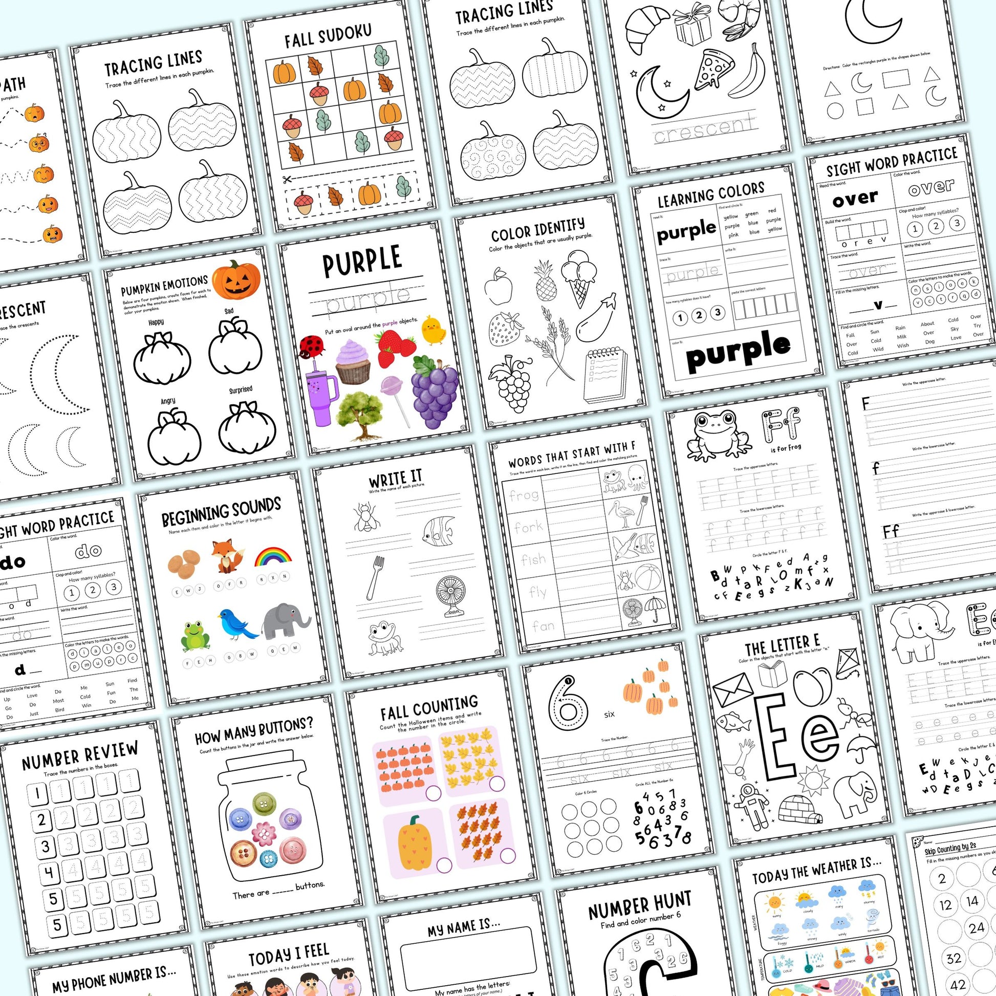 Collection of educational worksheets on a white background