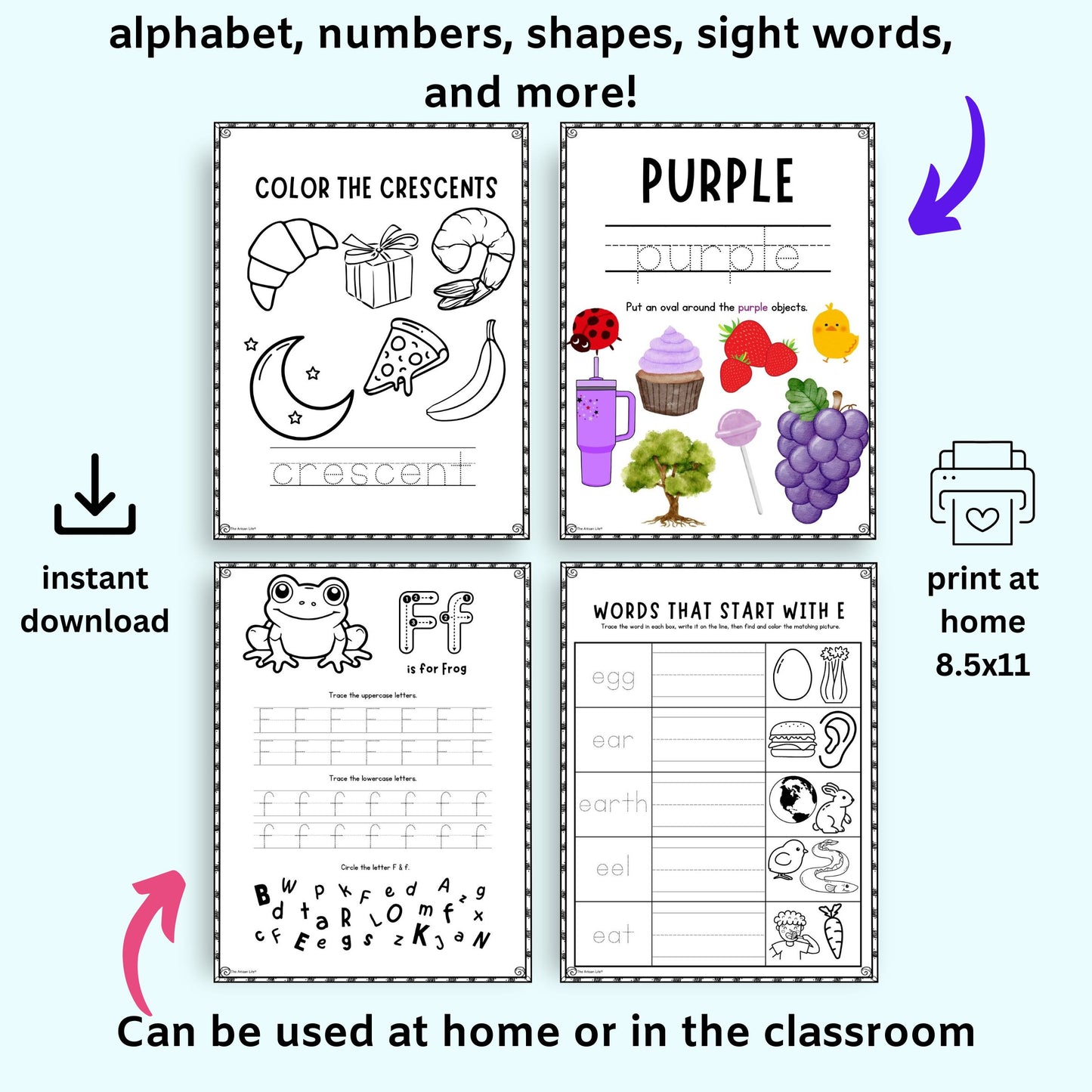 Educational worksheets for children with various activities on a white background