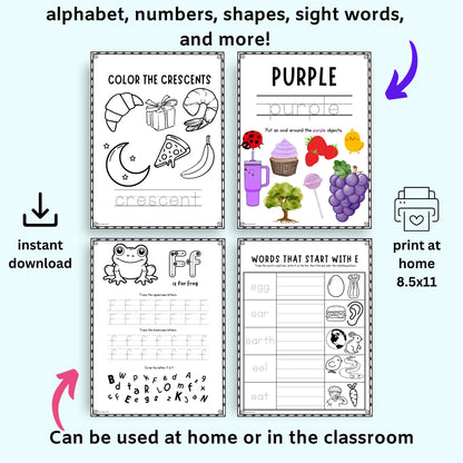 Educational worksheets for children with various activities on a white background