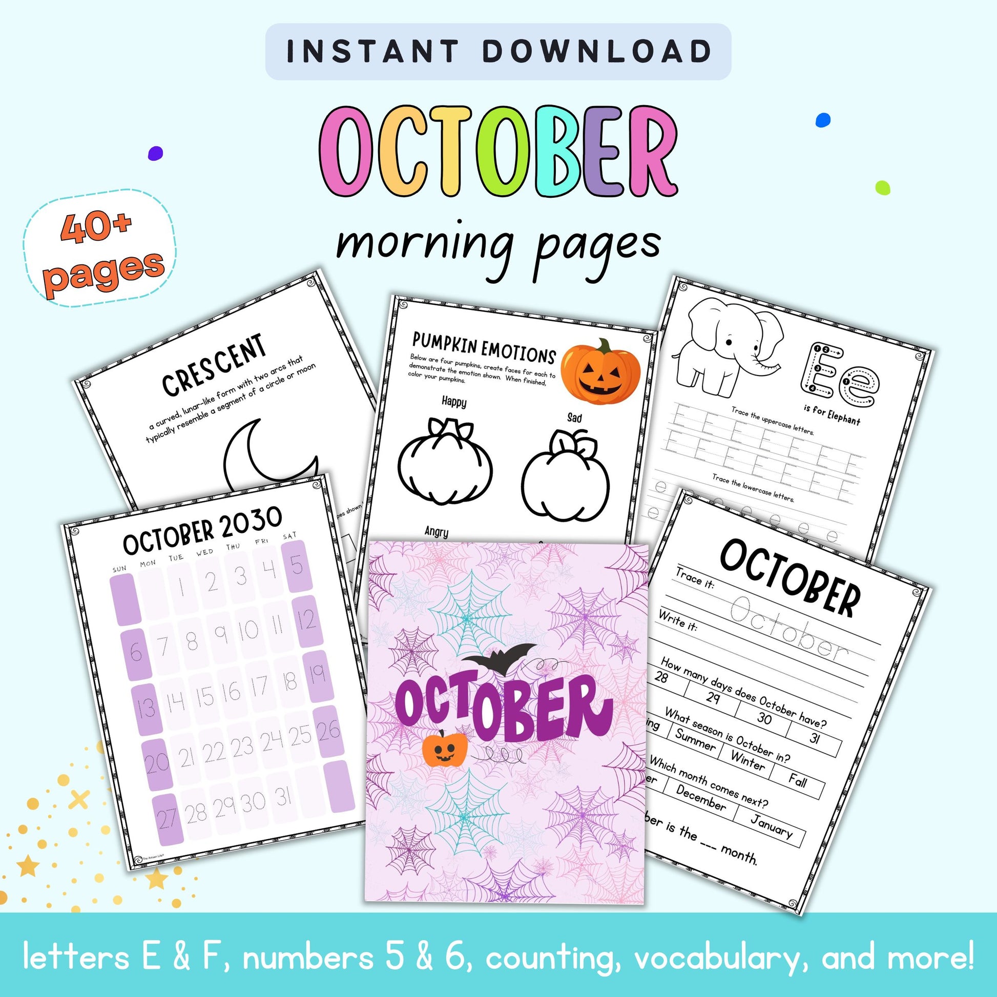 October morning pages with Halloween-themed activities on a light blue background