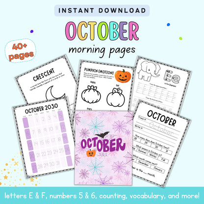October morning pages with Halloween-themed activities on a light blue background