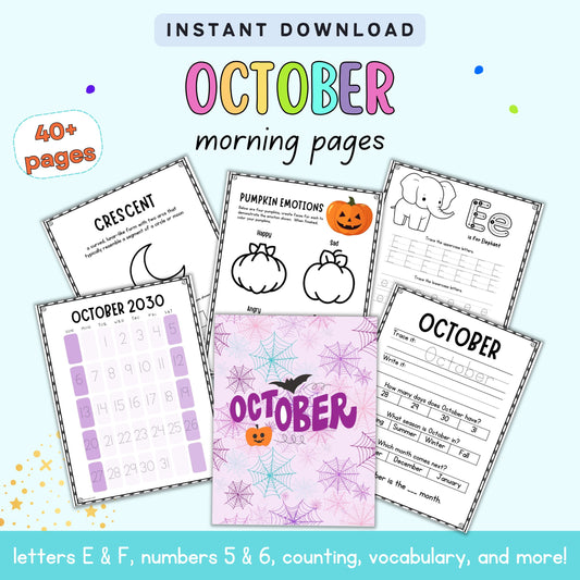 October morning pages with Halloween-themed activities on a light blue background