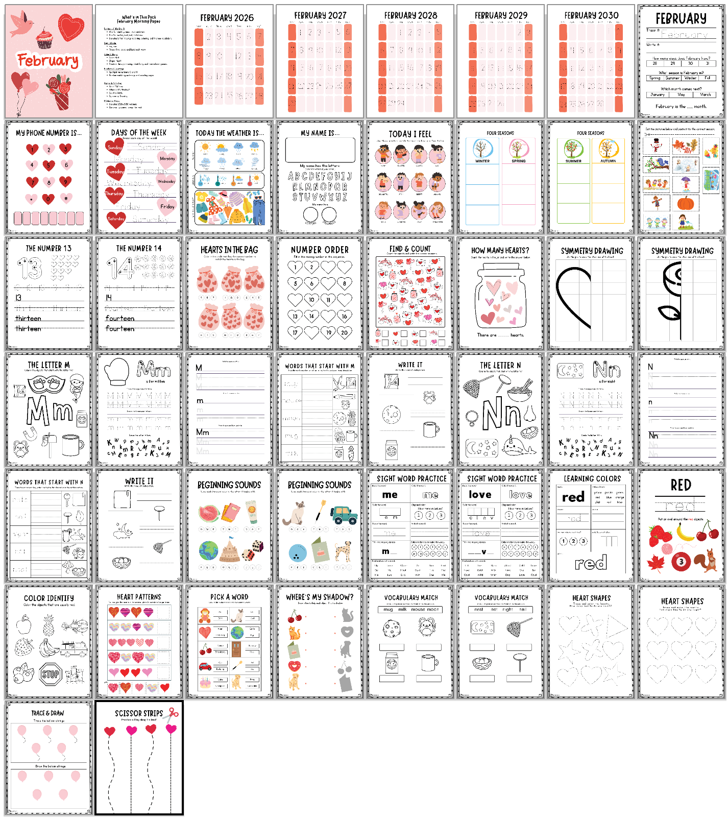 Collection of educational printables with a focus on Valentine's Day theme, including calendars and activities.