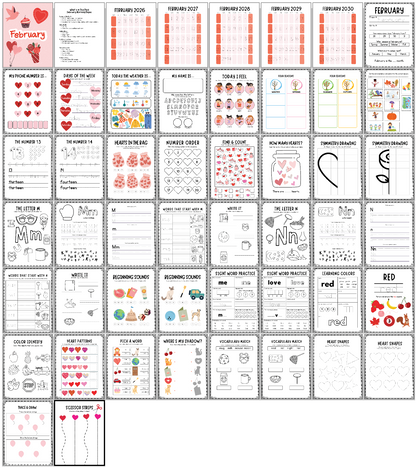 Collection of educational printables with a focus on Valentine's Day theme, including calendars and activities.