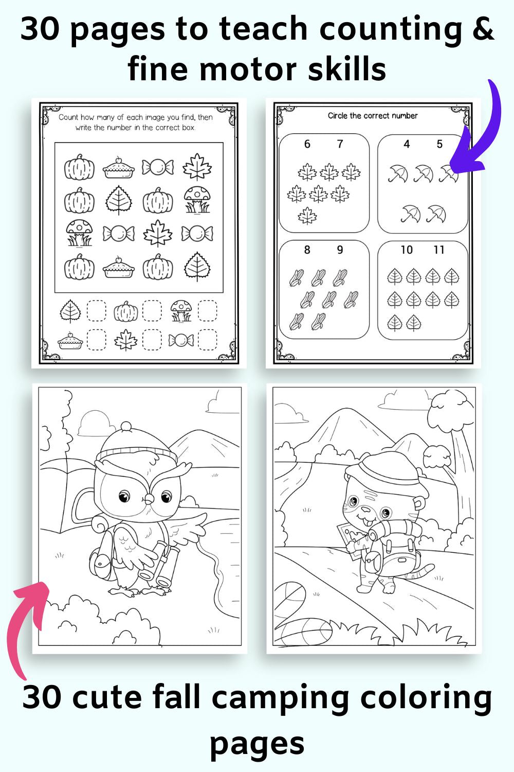 Text "30 pages to teach counting and fine motor skills" and "30 cute fall camping coloring pages"