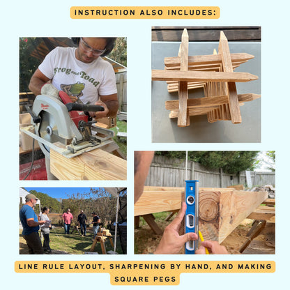 Collage of images showing woodworking activities including cutting wood, arranging wooden pegs, and measuring with a level.