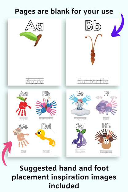 A preview of alphabet handprint craft pages