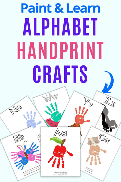 text "paint and learn alphabet handprint crafts"