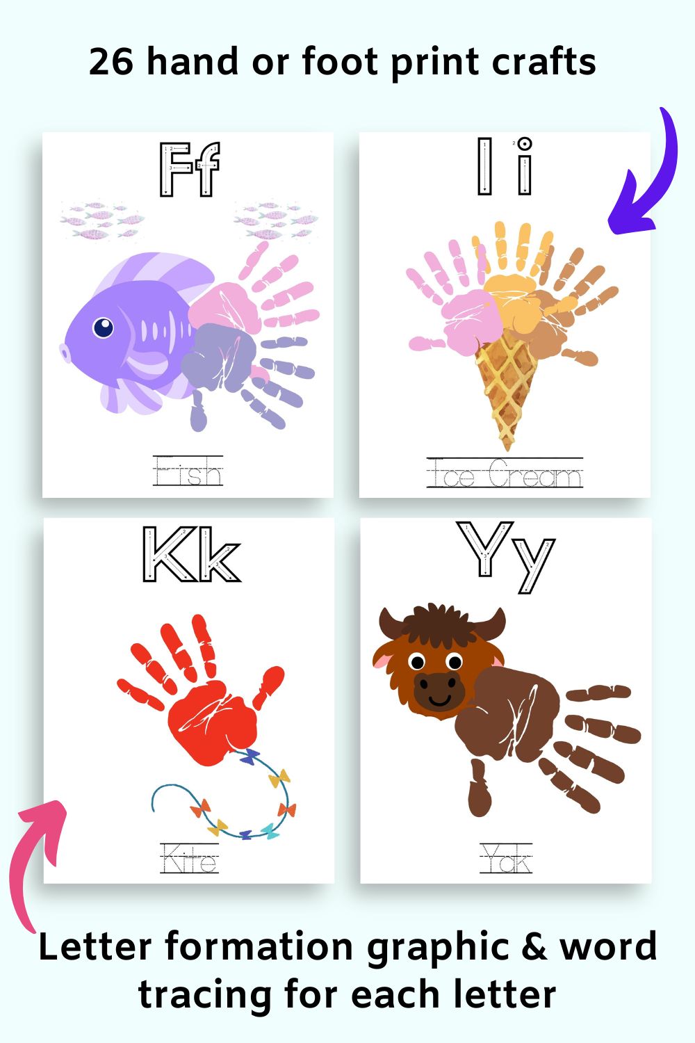 Four alphabet handprint craft pages