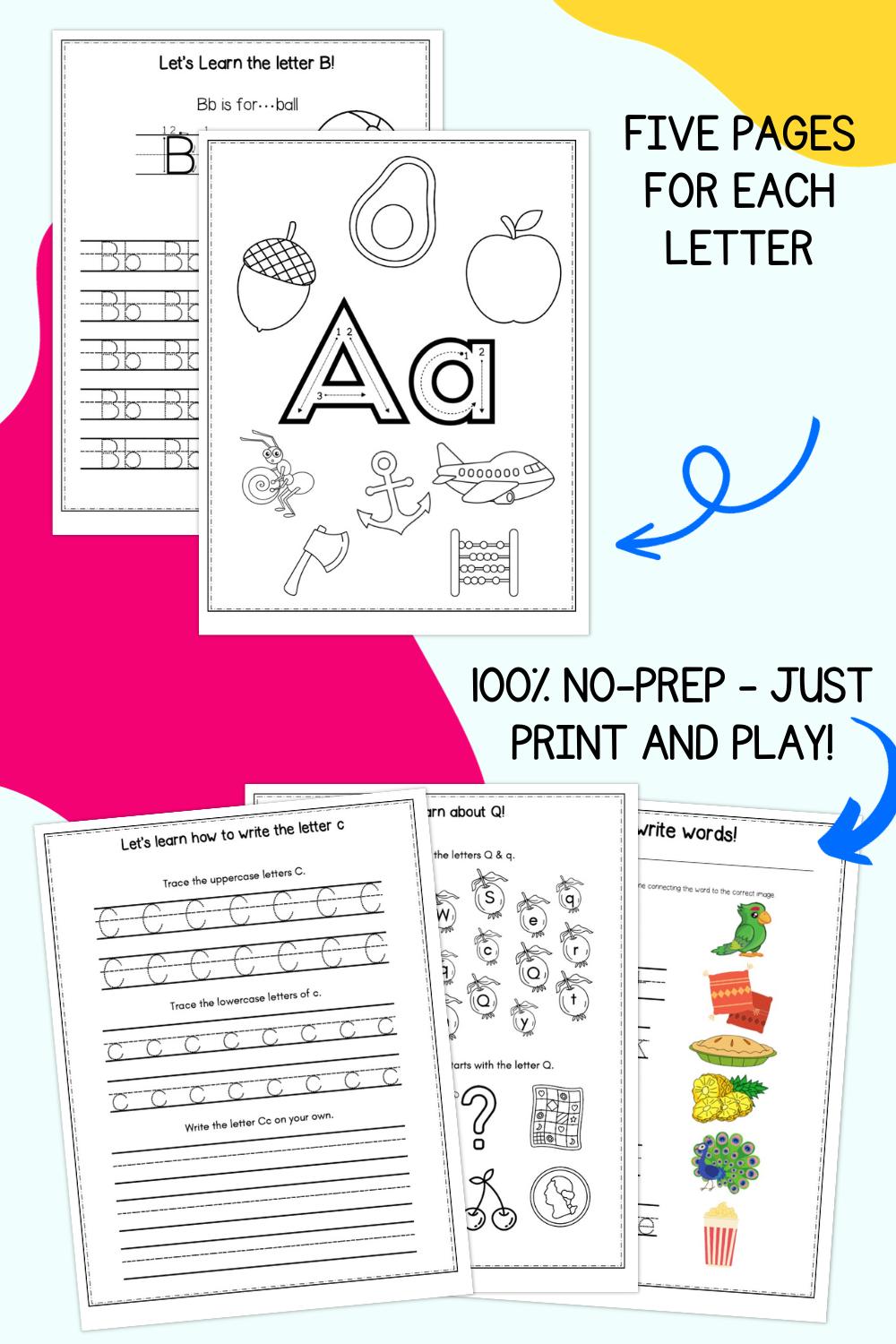 Text "five pages for each letter" and "100% no-prep - just print and play!: with a preview of five workbook pages
