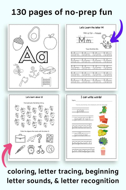 Text "130 pages of no-prep fun" and "coloring, letter tracing, beginning letter sounds, and letter recognition" with a preview of four pages from the workbook. Pages include: letter a coloring, letter m tracing, letter q find, and p letter word tracing