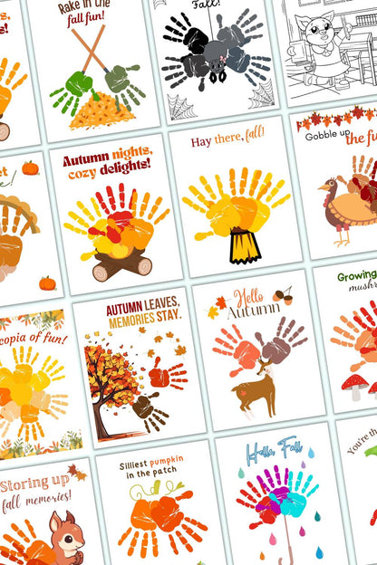 A preview of 16 handprint craft printables for kids with a fall theme