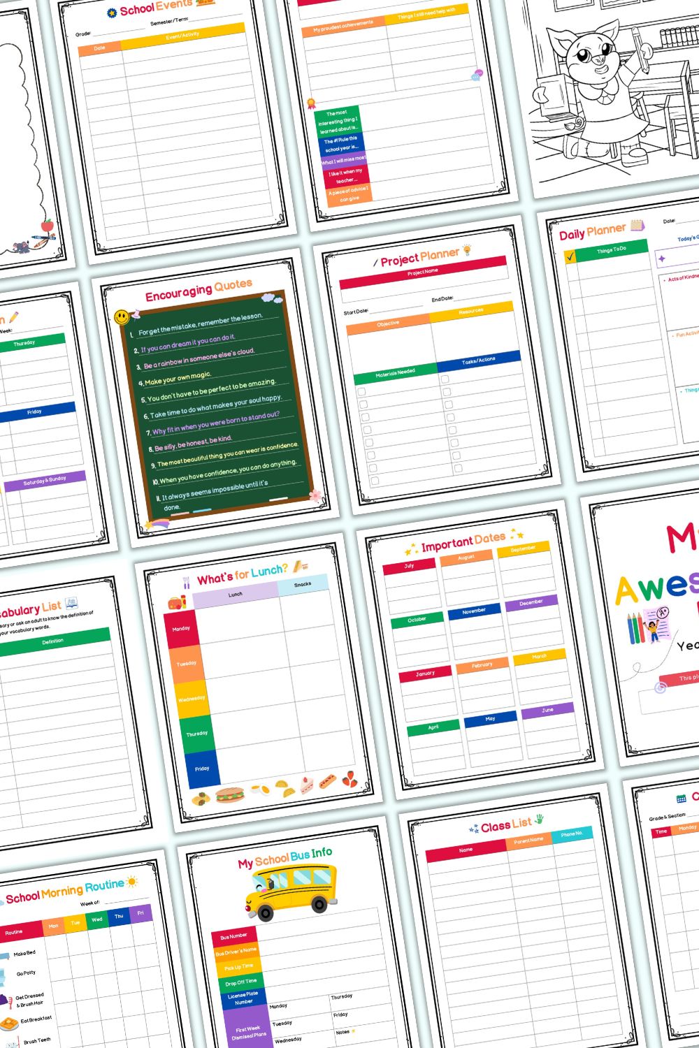 16 interior pages from a school and life planner for elementary students