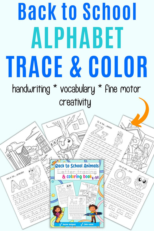 Text "back to school alphabet trace and color" with a preview of pages from the workbook