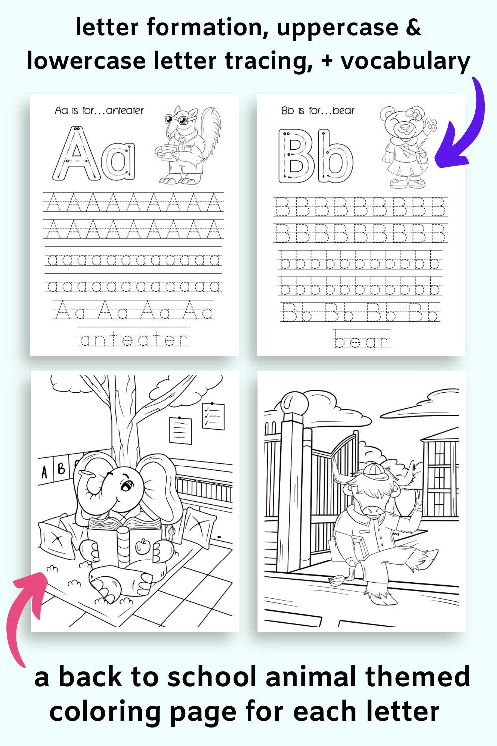 a preview of four interior pages from an alphabet tracing and coloring book with a back to school animal theme