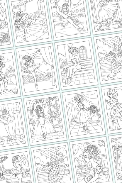 A preview of pages from the inside of a ballet coloring book for kids