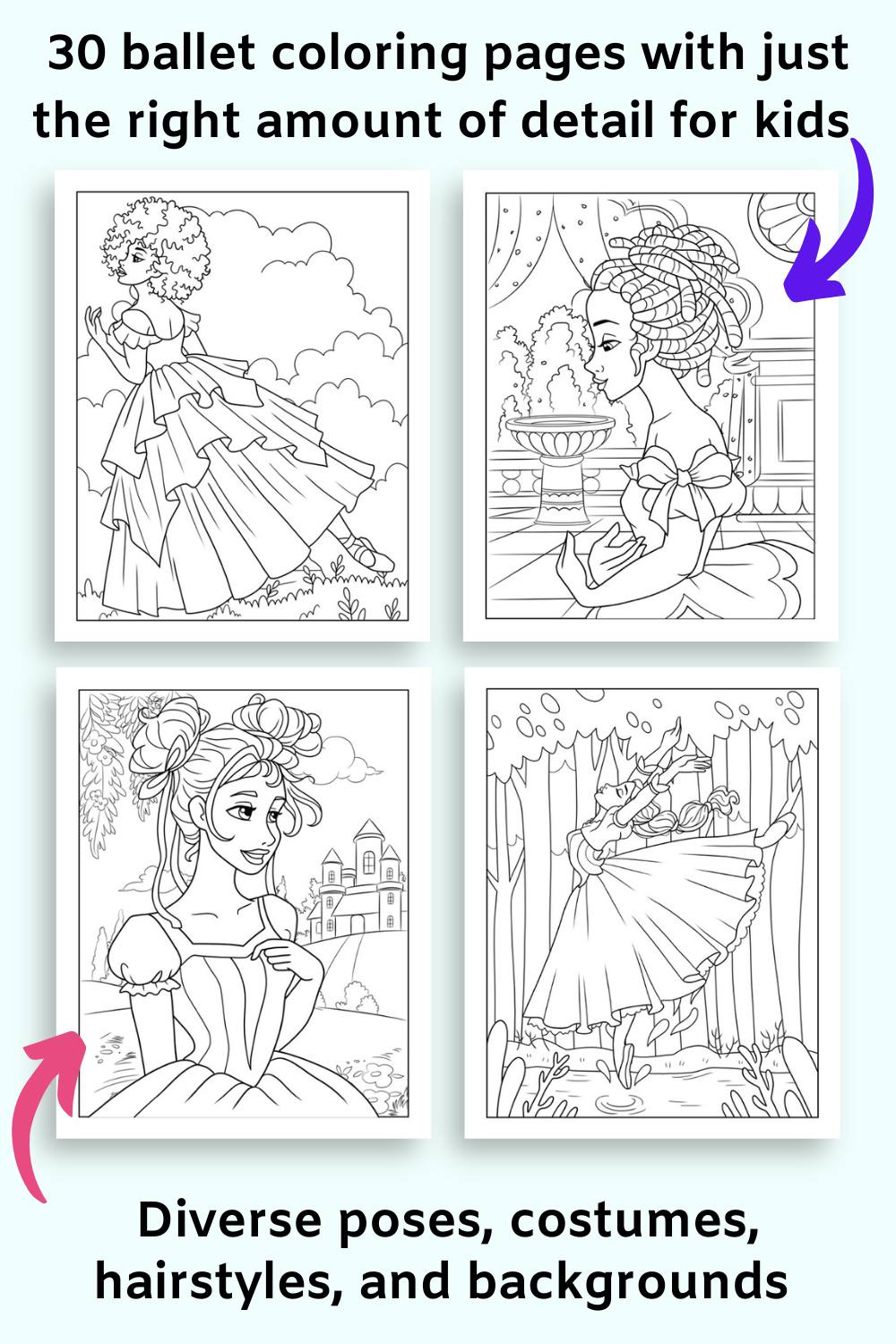 A preview of four ballerina coloring pages for kids