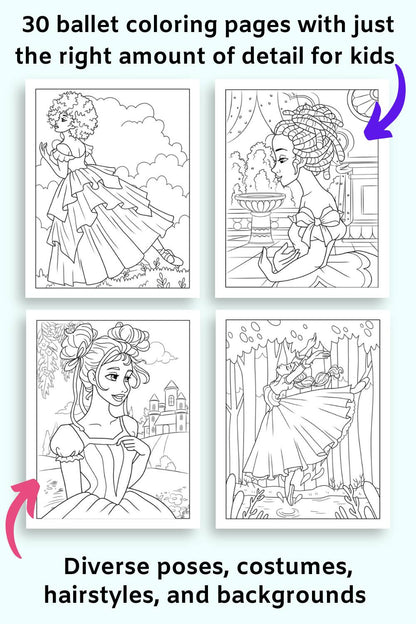 A preview of four ballerina coloring pages for kids