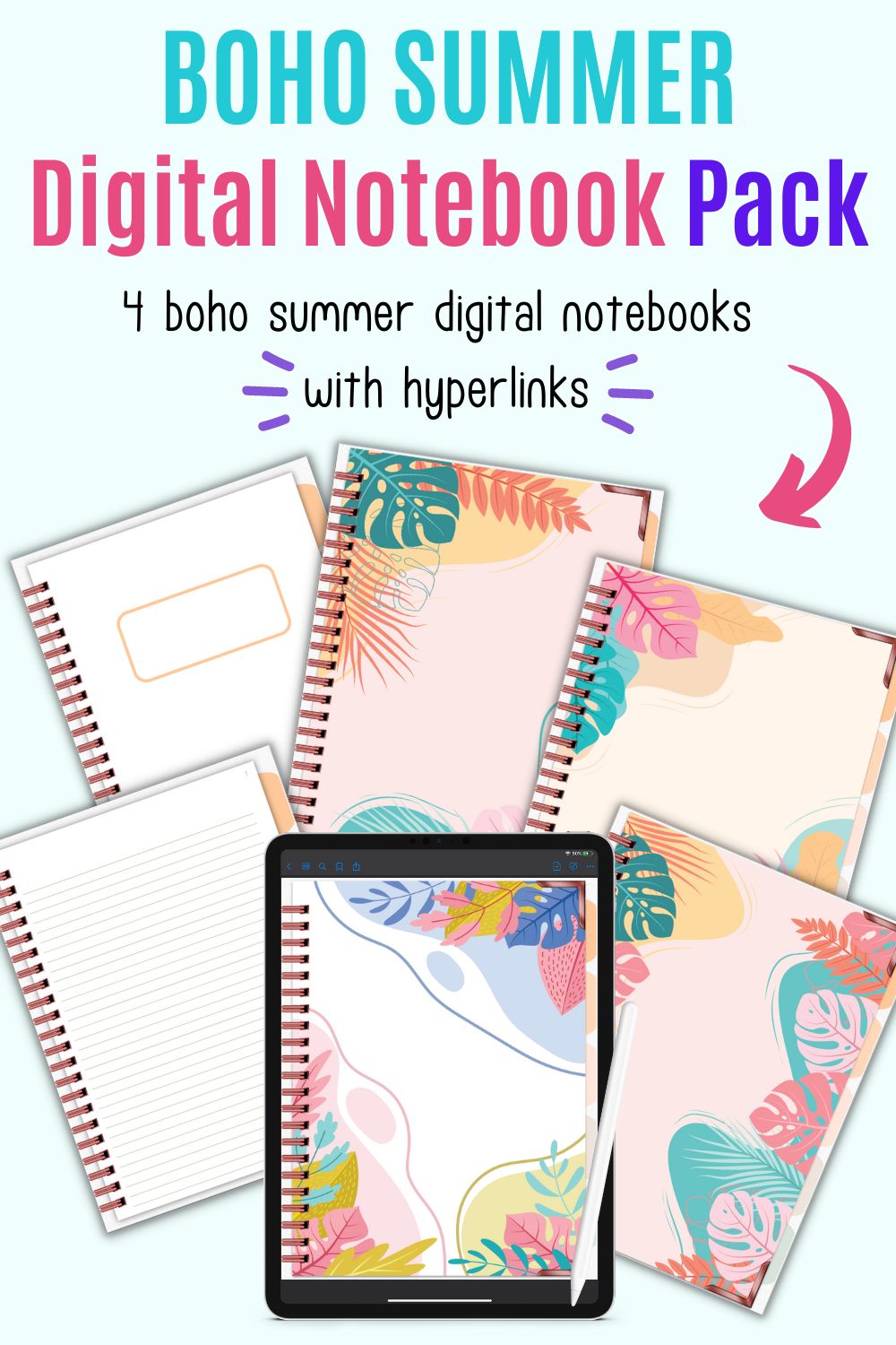 a preview of six pages of boho summer digital notebooks with hyperlinks