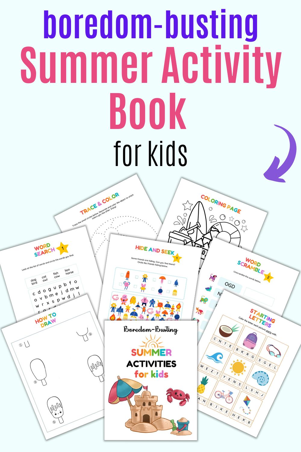 A preview of eight pages of summer activity book for kids