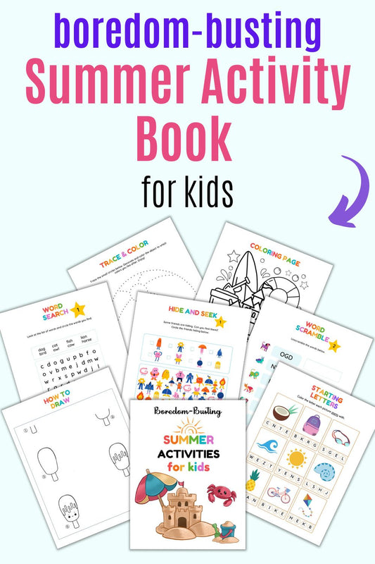 A preview of eight pages of summer activity book for kids
