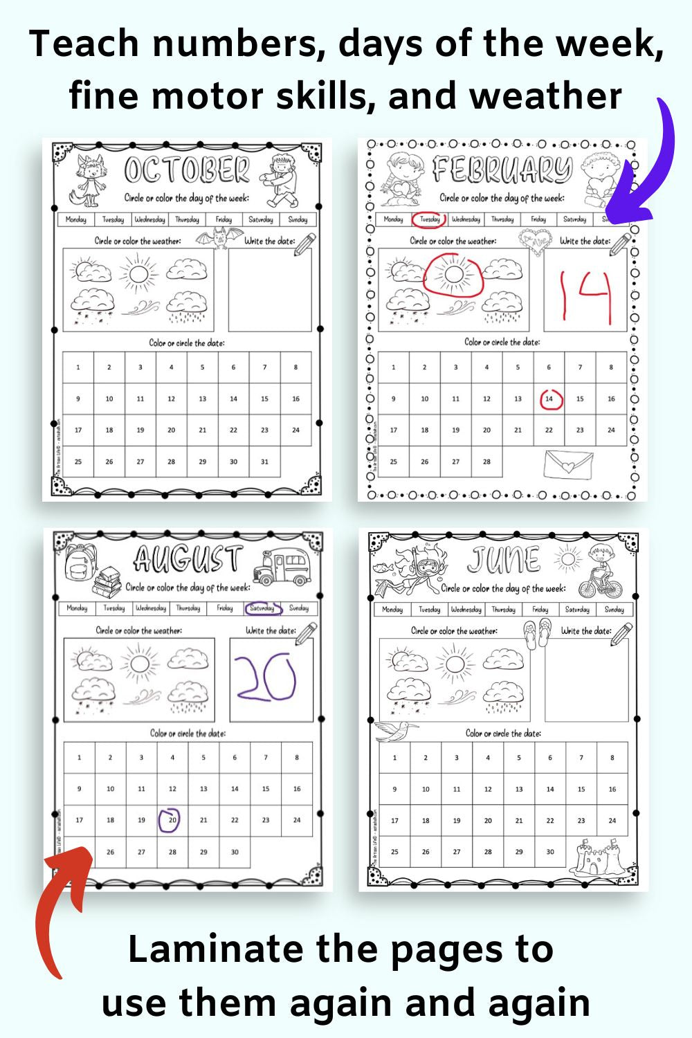 A previews of four page calendar worksheet printable for kids