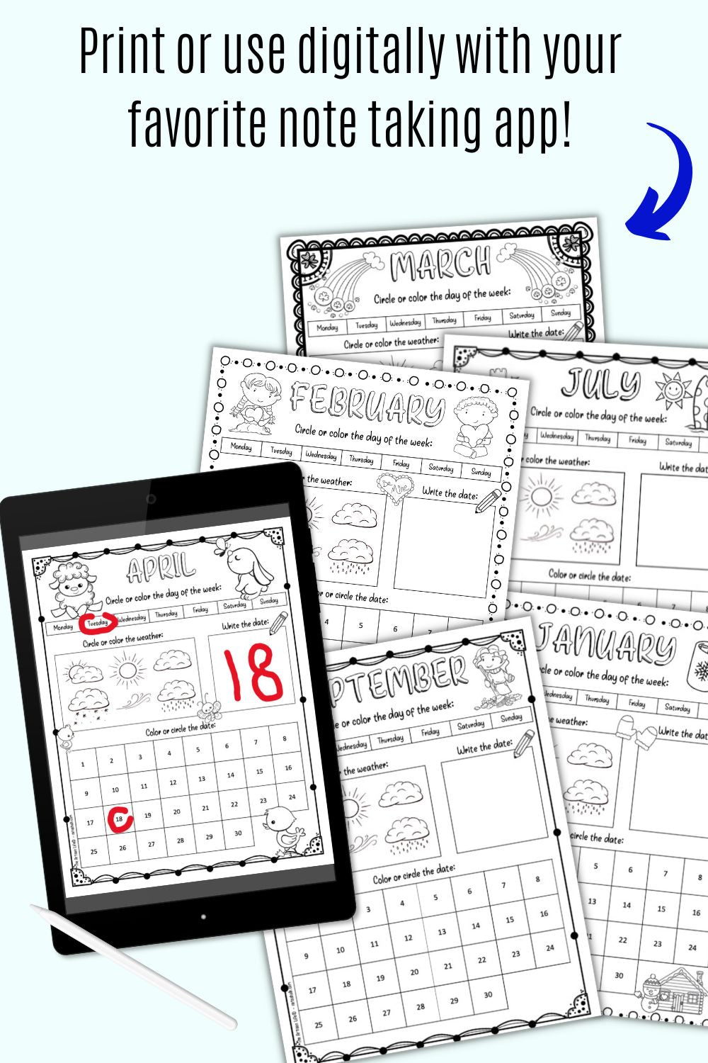 Using kid's calendar worksheets on an ipad mckup