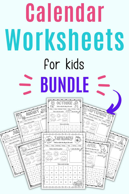 Text "calendar worksheets for kids bundle"
