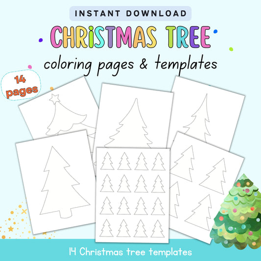 text "instant download christmas tree coloring pages and templates" with a preview of six christmas tree coloring pages