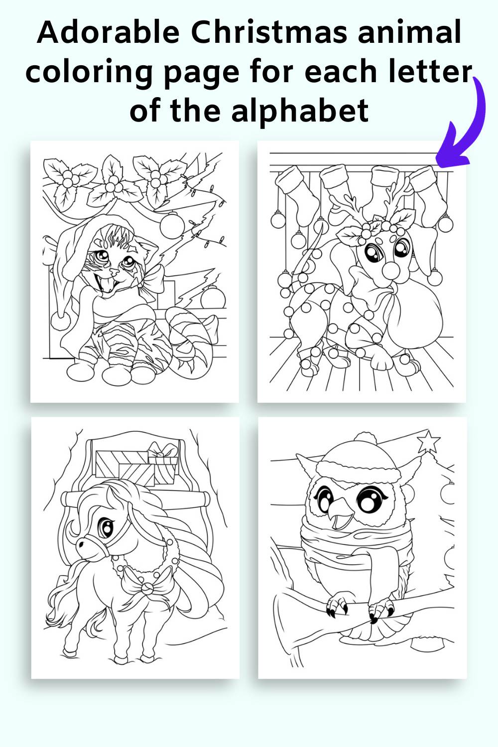Text "adorable Christmas animal coloring page for each letter of the alphabet" with coloring pages of a cat, a dog, a horse, and an owl