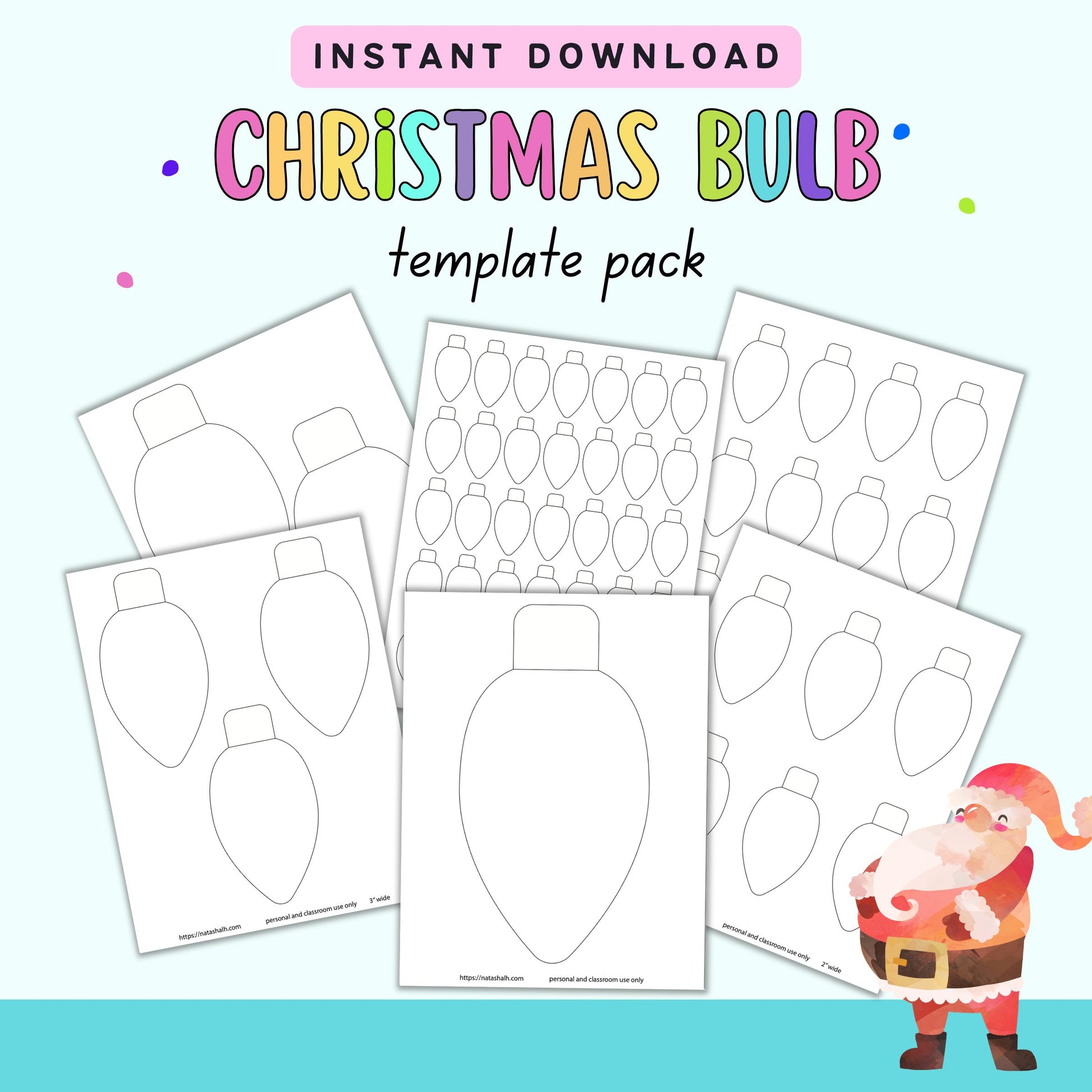 text "instant download christmas bulb template pack" with a preview of six pages of light bulb printables