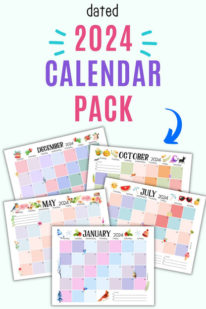 text "dated 2024 calendar pack" witha  preview of calendar printables for January, May, July, October, and December
