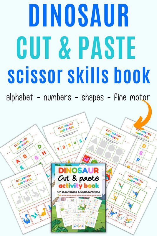 Text "dinosaur cut and paste scissor skills book" with a preview of pages from the acitvity book